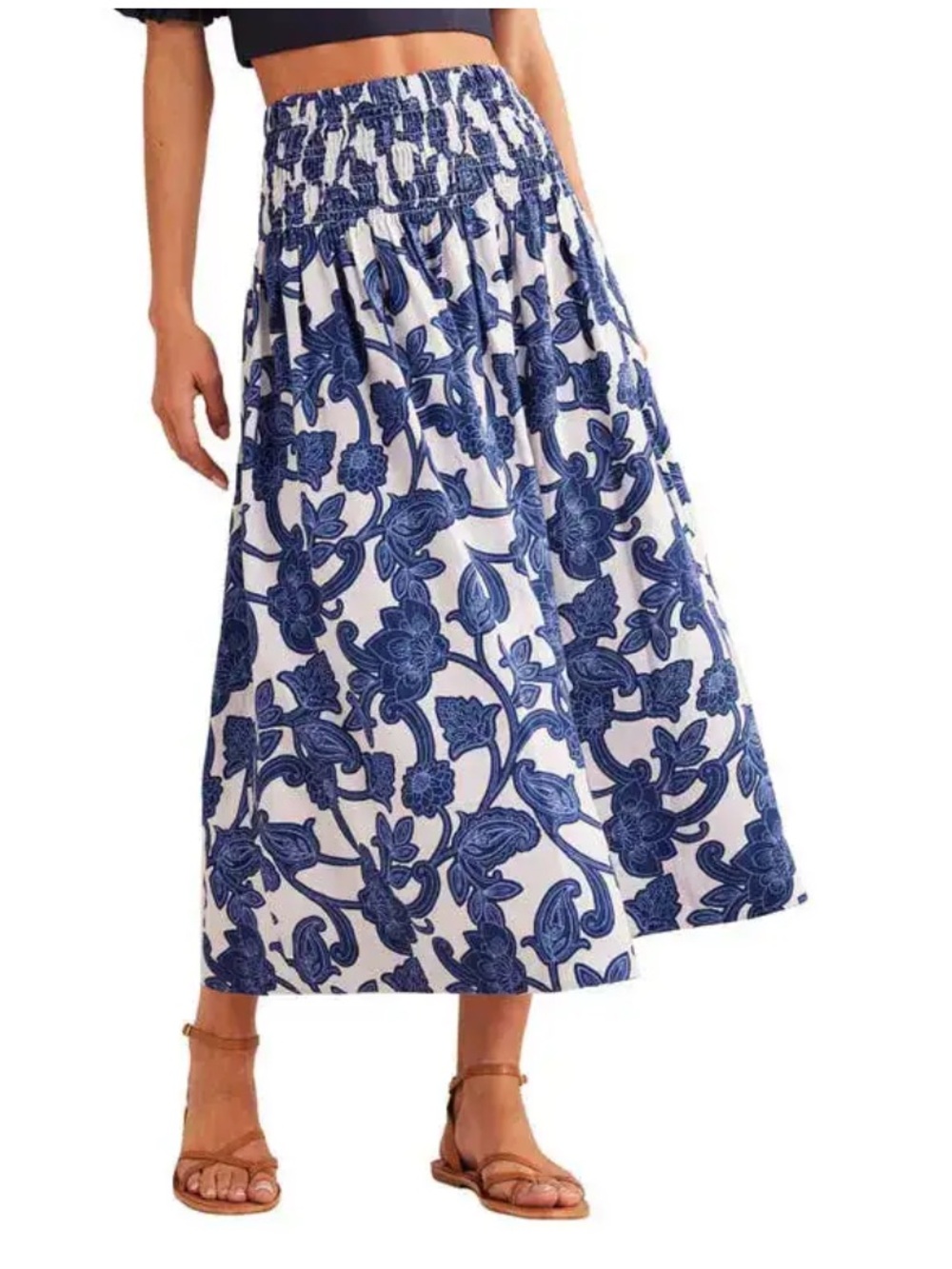 Boden Floral Print Shirred Linen Skirt Blue US 14